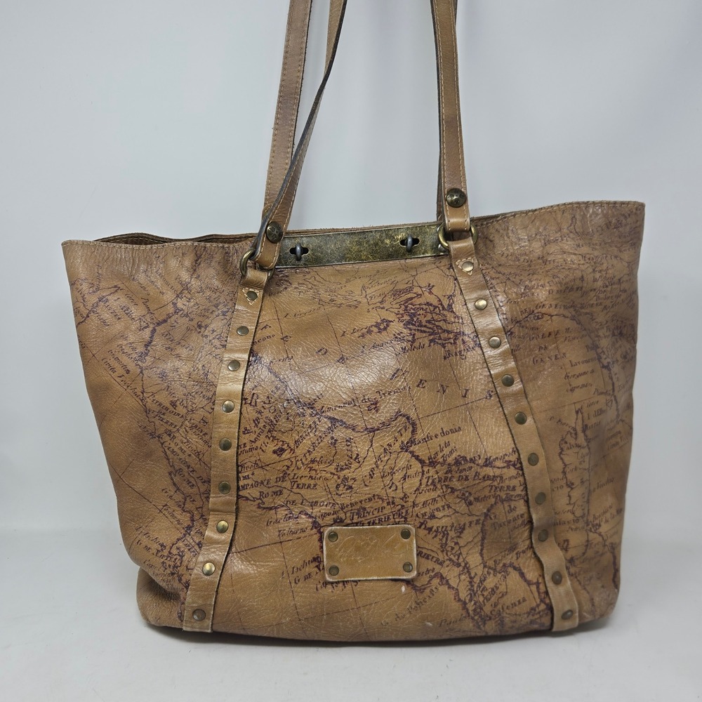 Patricia Nash Vintage Map Print Leather Tote Bag Tan Studded Shopper